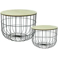 NOOR Gartentisch 2er Set Couchtisch mit Holzplatte und Drahtkorb Dekotisch Beistelltis