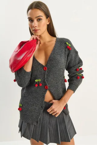 V-Ausschnitt Frucht bestickter Strickjacke
