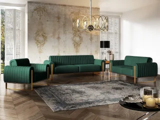 Sofaset Designersofas VALERIE 3-2-1 in Stoff Elisa Velvet Flaschengrün