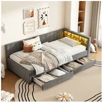 Merax Daybett (Schlafsofa Polsterbett, 1 tlg), Tagesbett 90x200cm mit LED, USB-C & Schubladen, Leinen