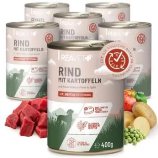 REAVET Hundenassfutter - Rind mit Kartoffeln an Erbsen-Möhren-Püree & Apfel 6x400 g