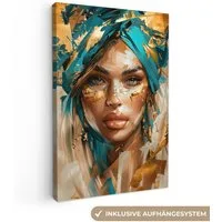 OneMillionCanvasses® Leinwandbild Frau - Porträt - Gold - Luxus - Blau, Fotodruck (1 St), Leinwand Canvas Wandbild, Wanddekoration 20x30 cm