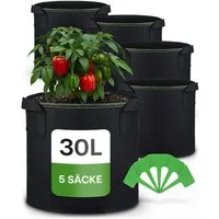 Praknu Pflanzkübel Pflanzsack 30l - 5 STK aus Vliesstoff mit 5 Schilder zum Beschriften (5er Set, 5 St), mit Griff - Für Gemüse, Pflanzen & Blumen - Stofftöpfe - Grow Töpfe