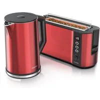 Arendo Frühstücks-Set Wasserkocher 1,5l & 2-Scheiben Langschlitz Toaster, Edelstahl, Rot (2-tlg), Wasserkocher mit Temperaturwahl, Toaster mit Brötchenaufsatz