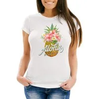Neverless Print-Shirt Damen T-Shirt Ananas Aloha Hawaii Blumen Pineapple Tropical Summer Jungle Paradise Hummingbird Slim Fit tailliert Baumwolle Neverless® mit Print