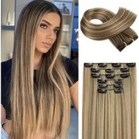 LuxusKollektion Kunsthaar-Extension Extensions Clip in 6tlg glatt lang 61 CM Braun mit blonden Highlights