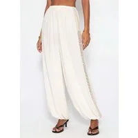 SASSYCLASSY Stoffhose Ballonhose mit Spitzeneinsätzen für Damen Lockere Hose mit elastischem Bund und Gummizug am Saum