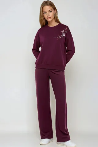Besticktes Rundhals-Sweatshirt & Gerade Beine Hose Zwei-Teile-Set
