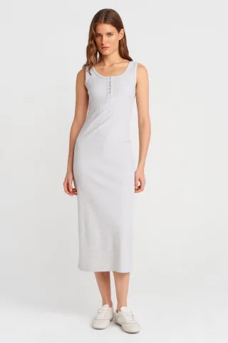 Geripptes Midi Bodycon-Kleid mit Knöpfen