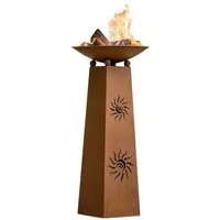 Dekoleidenschaft Feuerschale auf Dekosäule "Sonne" aus Metall in Rost-Optik, Feuerkorb, Metallsäule, Feuerstelle, Gartenfeuer, Feuersäule, Pflanzsäule, Gartendeko