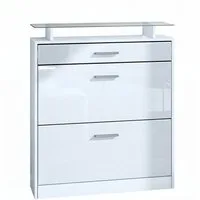 Vladon Schuhschrank Loret (hängender Schuhkipper für 16 Paar Schuhe, mit 2 Klappen und 1 Schublade und Glasablage) Weiß matt/Weiß Hochglanz (89 x 104 x 23 cm)