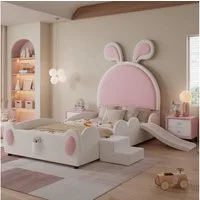 TavilaEcon Kinderbett mit kleiner Treppe und Kinderrutsche, Kopfteil mit Hasenohren, mit Holzlatten & Aufbewahrungstasehe, PU, 90X200cm, Weiß+Rosa