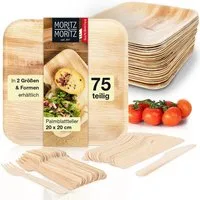 Moritz & Moritz Einweggeschirr-Set 75tlg Palmblattgeschirr Eckig 20cm mit Besteck (25-tlg), 25 Personen, Palmblatt, Birkenholz, 25x25cm
