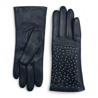 Schwarze italienische Leder-Fahrhandschuhe für Damen mit weichem Wollfutter, Winterdesign und Nietenbesatz