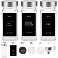 mixed24 Gewürzstreuer 24x Gewürzgläser Edelstahl Deckel 120ml, (inkl. 240 Etiketten, 30x Streueinsätze, 24-tlg), 1x Edelstahl Trichter, 1x Reinigungsbürstchen