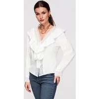OMBRE Hemdbluse Damen Bluse mit Spitze und Volant Elegant Weiß L (kein Set, 1-tlg) Koronkowy detale, Falbana