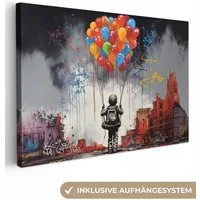 OneMillionCanvasses® Leinwandbild Junge - Luftballons - Bauwerke - Kunst, Fotodruck (1 St), Leinwand Bilder Klein, Wand Dekoration Aesthetic 30x20 cm