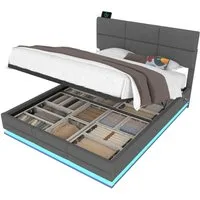 OKWISH Polsterbett Stauraumbett Funktionsbett (mit hydraulischem Stauraum & LED – höhenverstellbares Kopfteil + USB/Type-C, 160x200 cm), mit Matratze