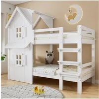 Merax Etagenbett mit Dach & Fenstern (1-St., Jugendbett Stockbett Doppelbett Hausbett), Kiefer Kinderbett 90x200cm mit seitlichen Sicherheitsgeländern, Leiter