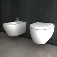 Alpenberger Tiefspül-WC Set aus Keramik Wand WC ohne Spülrand und Bidet - Made in EU, Wandmontage, Abgang Waagerecht, 3-tlg., Bidet mit Hahnloch und Überlauf - Hänge WC mit Softclose Sitz