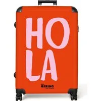 NoBoringSuitcases.com© Hartschalen-Trolley Rot und rosa Zitat 'hola' 77 cm - 98 L, 8 Rollen, Hartschalenkoffer Groß für 30kg, Frauen Reisekoffer Trolley
