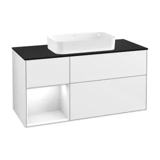 Villeroy und Boch Finion Waschtischunterschrank G292GFGF 120cm, Abdeckplatte black matt, Emotion, Regal links Glossy white lacquer, Glossy white lacquer