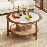 COSTWAY Couchtisch runder Beistelltisch mit Glasplatte & Ablage, 90cm Gummibaumholz