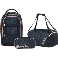 Satch Schulranzen Schulrucksack-Set PACK Midnight Jungle 3-teilig (3-teilig), ergonomisch, Your-Size-System, 5 Fächer