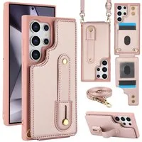 Wigento Handyhülle Fliphülle für Samsung Galaxy S26 Ultra Kartenfach Umhängeband Rosa 6,9 Zoll, Kartenfächer, Handband, Umhängeband
