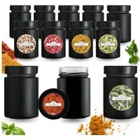 mikken Gewürzbehälter 12 Gewürzgläser 190 ml schwarz mit Deckel und 24 Gewürzetiketten, (12er Set)