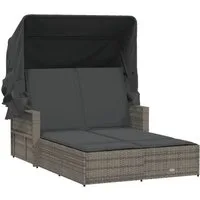 vidaXL Gartenliege Doppel-Sonnenliege mit Dach und Auflagen Grau Poly Rattan, 1 St.