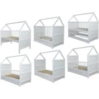 Micoland Kinderbett Babybett Kinderbett Juniorbett Bett Haus 140x70cm + Schublade 0 - 6 J. (Bett mit Lattenrost, Sicherheitsgitter und Schublade), durch den Umbau bis zum 6. Lebensjahr nutzbar