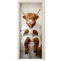 MuchoWow Türtapete Schottischer Highlander - WC - Bademantel - Modern - Tiere, Matt, bedruckt, (1 St), Selbstklebende Tapete, Folie für Möbel, 70x215 cm