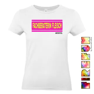 FIREFUN - Damen T-Shirt mit Aufschrift "FACHBERATERIN FLEISCH" PINK EDITION 2XL MIT Untertitel (max. 20 Zeichen) Hinten (Rücken) navy