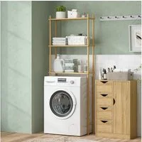 HOMCOM Badregal mit Umkippschutz, platzsparend, 3 Ebenen Toilettenregal 1-tlg., für Waschküche, Land Stil, Naturholz