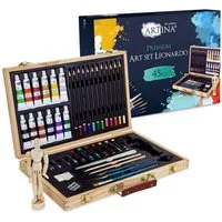 Artina Malpalette 45tlg Malset Leonardo Malkoffer Set, 45tlg., Zeichen Set Malset in Holz Malkasten – Künstlerkoffer inkl. Buntstifte