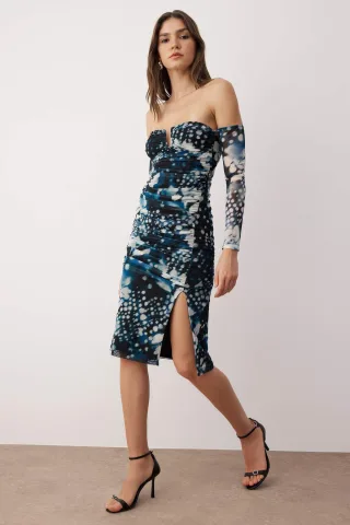 Sehr farbenfrohes, abstraktes, mittellanges Cocktailkleid für Damen