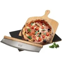 Dolce Mare Pizzastein Set schwarz Bambus Pizzaschieber Edelstahl Pizzaschneider, Cordierit