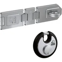 BASI Sicherheits-Stallriegel Sicherheitsüberfalle, Sicherheitsüberfalle 2 Gelenke - inkl. RVS 610W Vorhangschloss, (Spar-Set), witterungsfestes Rundbügelschloss, 2 Gelenke und Öse, Länge: 195 mm