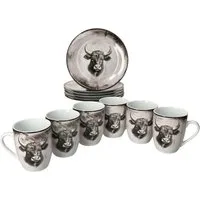 MamboCat Frühstücks-Geschirrset Toro 12tlg Frühstücksset Porzellan Landhaus Kuhmotiv 6 Becher Teller, Porzellan