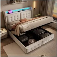 Flieks Polsterbett, LED Doppelbett 160x200cm mit Ladefunktion und hydraulischem Stauraum