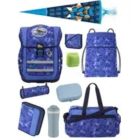 McNeill Schulranzen Ergo Complete "Puzzle" Ninja Schultasche Blau ab der 1. Klasse (Set, 10-tlg., inkl. Sporttasche und Ninja Schultüte / Zuckertüte), ergonomisch, mit Brustgurt, höhenverstellbar - wächst mit dem Kind mit
