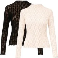 SASSYCLASSY Langarmshirt Spitzenshirt Set für Damen Figurbetonte Shirts in floralem Muster mit Rundhals Schwarz-Creme