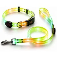 ibettertec Hunde-Halsband LED Leuchthalsband für Hunde mit Leine, Reflektierendes, Verstellbares mit farbigem Lichtband und praktischer Führleine