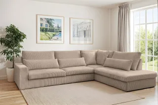 Ecksofa Designersofa THORA in Stoff Poso Beige Ottomane Rechts