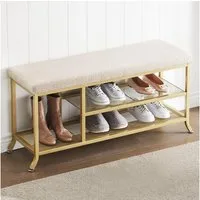 GarveeMore Schuhbank 2 Tier mit Kissen,Metallrahmen Schuh Lagerung Bank, für Eingang,Flur,Schlafzimmer,Wohnzimmer,Gold