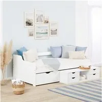 Homestyle4u Stauraumbett 90x200 Holzbett Kojenbett Kinderbett Weiß Gästebett Funktionsbett (Set, mit Lattenrost und Schubladen), mit Stauraum
