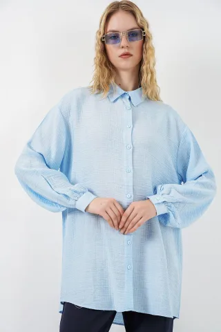 strukturierte Lange Bluse mit Hemdkragen