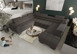 Wohnlandschaft Schlafsofa BASTIEN XL in Stoff Aragon Dunkelgrau Ottomane Rechts