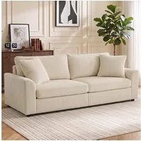 HOMCOM 3-Sitzer mit Zierkissen, Cordsofa, 212 cm breit, Couch 1 Teile, für Wohnzimmer, Schlafzimmer, Cremeweiß
